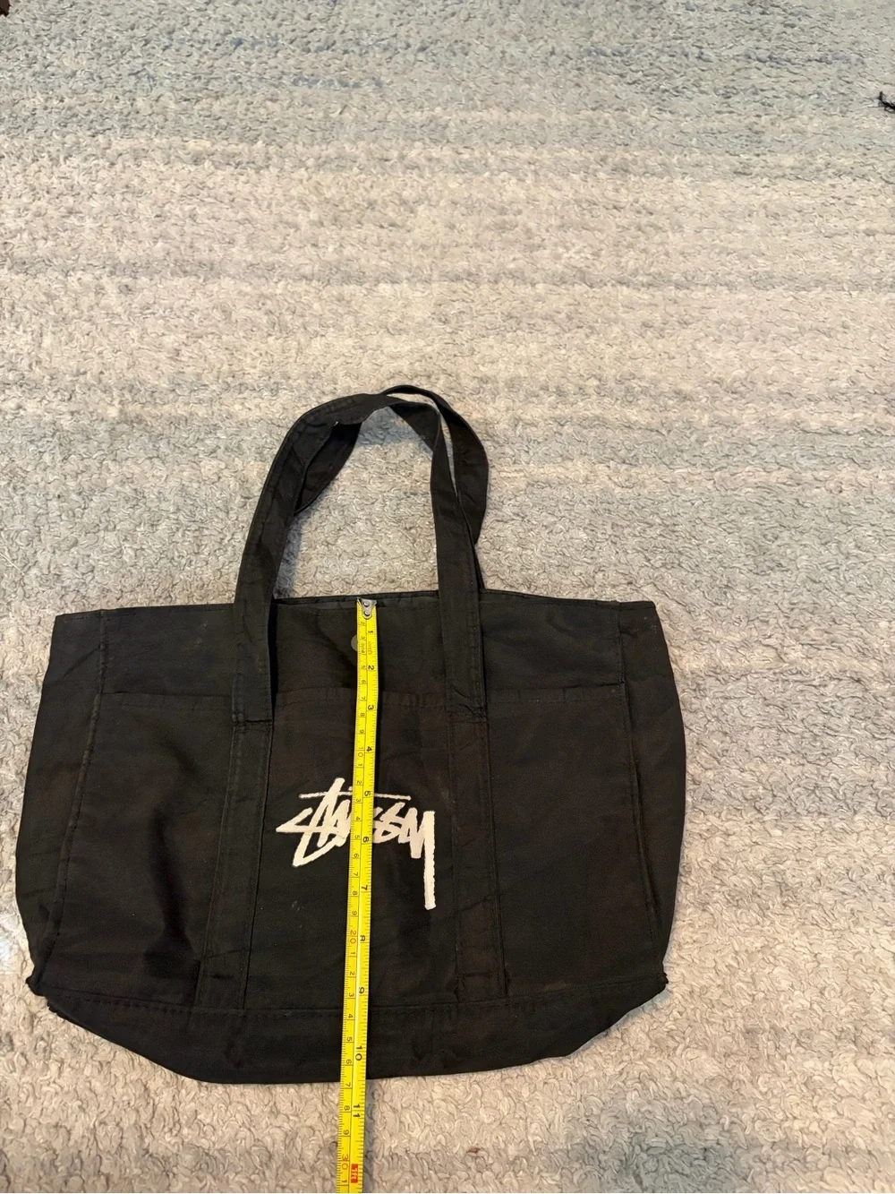 Stussy Stock Logo Canvas Tote Bag Black Utility Shoulder Bag Pocket Snap Closure